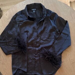 Rachel Zoe Black Satin Blouse with Feather Accents